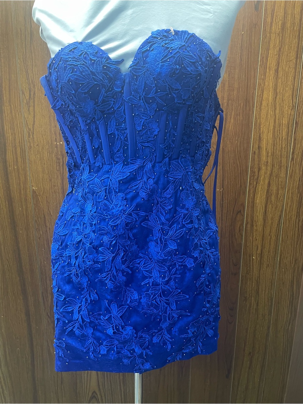 Strapless Royal Blue Embroidered Lace Mini Dress